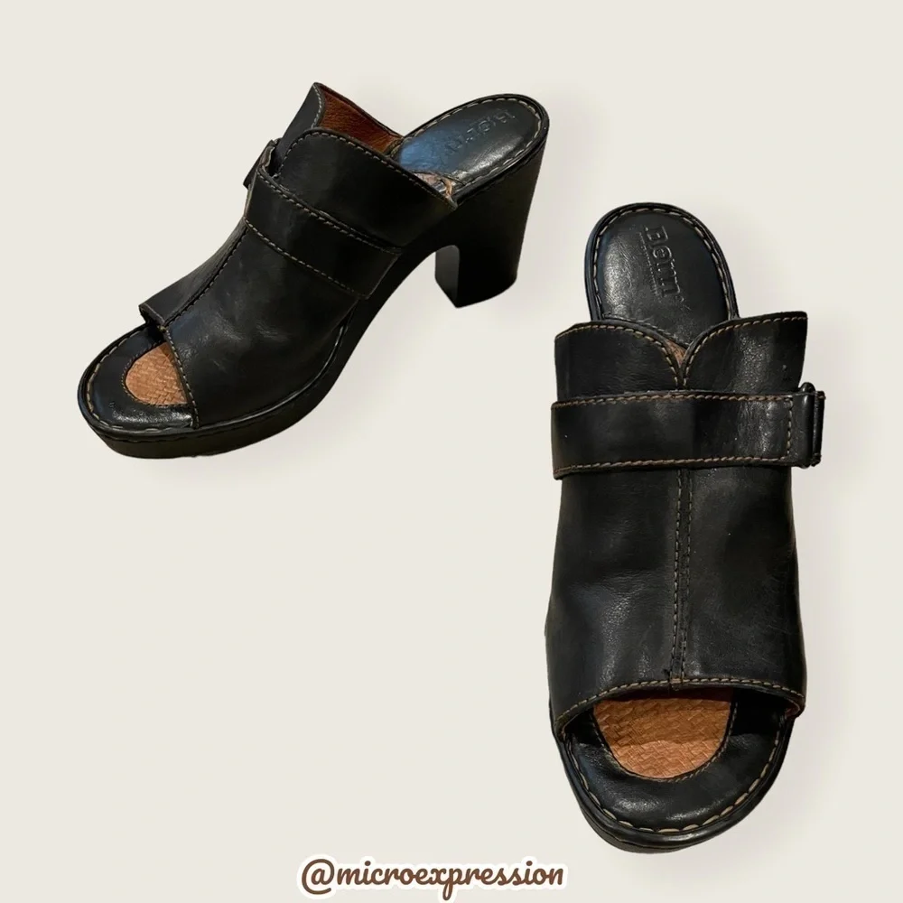 Born Black Real Leather Platform Mules Clogs Buckle Everyday Fashion Cute Heels - Picture 9 of 10